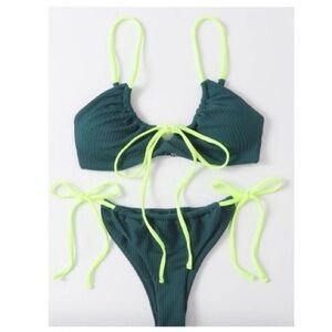 ROMWE Green Drawstring Side Tie Bikini Set